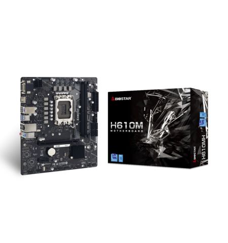 BIOSTAR H610MH, Socket 1700, Intel® H610 (13/12th Gen CPU), CPU graphics, VGA, HDMI, Dual 2xDDR4-3200, 1xPCIe X16 4.0, 4xSATA3, 1xPCIe X1, 1xM.2, ALC897 HDA, 1xGbE LAN, 4xUSB3.2, mATX BIOSTAR H610MH, Socket 1700, Intel® H610 (13/12th Gen CPU), CPU graphics, VGA, HDMI, Dual 2xDDR4-3200, 1xPCIe X16 4.0, 4xSATA3, 1xPCIe X1, 1xM.2, ALC897 HDA, 1xGbE LAN, 4xUSB3.2, mATX