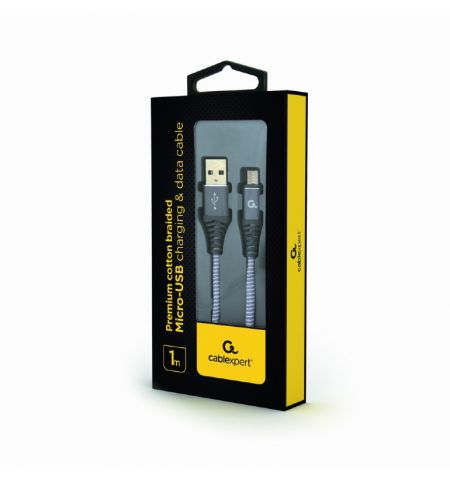 Cable USB2.0/Micro-USB Premium cotton braided - 1m - Cablexpert CC-USB2B-AMmBM-1M-WB2, Spacegrey/White, USB 2.0 A-plug to Micro-USB plug, blister Cable USB2.0/Micro-USB Premium cotton braided - 1m - Cablexpert CC-USB2B-AMmBM-1M-WB2, Spacegrey/White, USB 2.0 A-plug to Micro-USB plug, blister