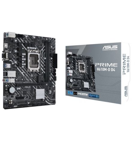 ASUS PRIME H610M-D D4, Socket 1700, Intel® H610 (13/12th Gen CPU), Dual 2xDDR4-3200, VGA, HDMI, CPU Intel graphics, 1xPCIe X16 4.0, 4xSATA3, 1xM.2, 1xPCIe X1, 1xCOM-port, LPT-header, ALC897 7.1, 1xGbE LAN, 4xUSB3.2, 5X Pro III, mATX ASUS PRIME H610M-D D4, Socket 1700, Intel® H610 (13/12th Gen CPU), Dual 2xDDR4-3200, VGA, HDMI, CPU Intel graphics, 1xPCIe X16 4.0, 4xSATA3, 1xM.2, 1xPCIe X1, 1xCOM-port, LPT-header, ALC897 7.1, 1xGbE LAN, 4xUSB3.2, 5X Pro III, mATX