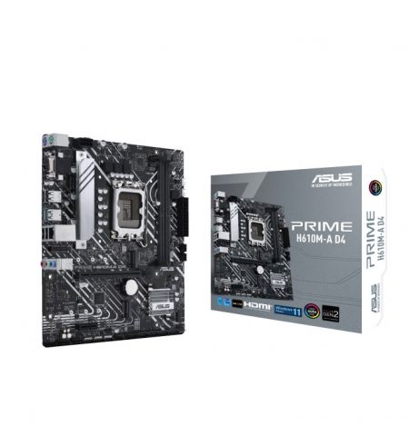ASUS PRIME H610M-A D4, Socket 1700, Intel® H610 (13/12th Gen CPU), Dual 2xDDR4-3200, VGA, HDMI, DP,  CPU Intel graphics, 1xPCIe X16 4.0, 4xSATA3, 2xM.2, 1xV-M.2(Key E), 1xPCIe X1, ALC897 7.1, 1xGbE LAN, 2xUSB3.2 Gen2, 2xUSB3.2, 5X Pro III, Aura Sync RGB, ASUS PRIME H610M-A D4, Socket 1700, Intel® H610 (13/12th Gen CPU), Dual 2xDDR4-3200, VGA, HDMI, DP,  CPU Intel graphics, 1xPCIe X16 4.0, 4xSATA3, 2xM.2, 1xV-M.2(Key E), 1xPCIe X1, ALC897 7.1, 1xGbE LAN, 2xUSB3.2 Gen2, 2xUSB3.2, 5X Pro III, Aura Sync RGB,
