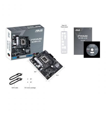 ASUS PRIME H610M-A D4, Socket 1700, Intel® H610 (13/12th Gen CPU), Dual 2xDDR4-3200, VGA, HDMI, DP,  CPU Intel graphics, 1xPCIe X16 4.0, 4xSATA3, 2xM.2, 1xV-M.2(Key E), 1xPCIe X1, ALC897 7.1, 1xGbE LAN, 2xUSB3.2 Gen2, 2xUSB3.2, 5X Pro III, Aura Sync RGB, ASUS PRIME H610M-A D4, Socket 1700, Intel® H610 (13/12th Gen CPU), Dual 2xDDR4-3200, VGA, HDMI, DP,  CPU Intel graphics, 1xPCIe X16 4.0, 4xSATA3, 2xM.2, 1xV-M.2(Key E), 1xPCIe X1, ALC897 7.1, 1xGbE LAN, 2xUSB3.2 Gen2, 2xUSB3.2, 5X Pro III, Aura Sync RGB,