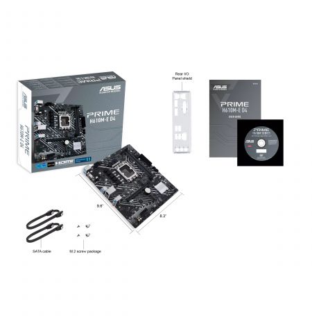 ASUS PRIME H610M-E D4, Socket 1700, Intel® H610 (13/12th Gen CPU), Dual 2xDDR4-3200, VGA, HDMI, DP,  CPU Intel graphics, 1xPCIe X16 4.0, 4xSATA3, 2xM.2, 1xPCIe X1, ALC897 7.1, 1xGbE LAN, 4xUSB3.2, 5X Pro III, RGB header, mATX ASUS PRIME H610M-E D4, Socket 1700, Intel® H610 (13/12th Gen CPU), Dual 2xDDR4-3200, VGA, HDMI, DP,  CPU Intel graphics, 1xPCIe X16 4.0, 4xSATA3, 2xM.2, 1xPCIe X1, ALC897 7.1, 1xGbE LAN, 4xUSB3.2, 5X Pro III, RGB header, mATX