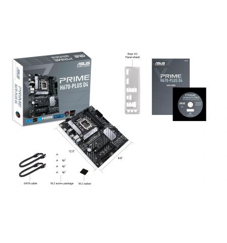 ASUS PRIME H670-PLUS D4, Socket 1700, 8Phases, Intel® H670 (13/12th Gen CPU), CPU graphics, HDMI, DP, Dual 4xDDR4-5066, 3xPCIe x16 4.0, 4xSATA3, RAID, 3xM.2 4.0, 1xV-M.2 (Key E), 2xPCIe x1, Realtek Audio 7.1, 2.5GbE LAN, 1xUSB-C 3.2 Gen2, 2xUSB 3.2Gen2, 7 ASUS PRIME H670-PLUS D4, Socket 1700, 8Phases, Intel® H670 (13/12th Gen CPU), CPU graphics, HDMI, DP, Dual 4xDDR4-5066, 3xPCIe x16 4.0, 4xSATA3, RAID, 3xM.2 4.0, 1xV-M.2 (Key E), 2xPCIe x1, Realtek Audio 7.1, 2.5GbE LAN, 1xUSB-C 3.2 Gen2, 2xUSB 3.2Gen2, 7