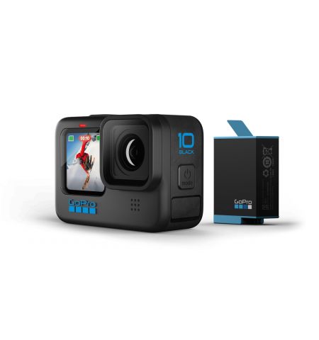 Action Camera GoPro HERO 10 Black Bundle, Photo-Video:23MP/5.3K60+4K120, 8xslow-mo, waterproof 10m, voice control, 3x microphones, hyper smooth 4.0, HDR, GPS, Wi-Fi, Bluetooth, 153g (in box H10B, 2x battery, 1x shorty, 1x magnetic mount, 1x curved adhesiv