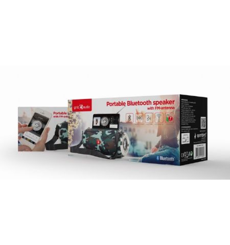 Gembird SPK-BT-17-CM, Portable Bluetooth speaker with FM-radio, 10W (2x5W) RMS, Bluetooth v.5.1, Handsfree profile (Built-in microphone), microSD, built-in lithium battery -1200 Up to 7 hours, AUX stereo input, Camo