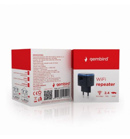 Wi-Fi repeater Gembird WNP-RP300-03-BK / N300 / Wi-Fi4 / 1 x 10/100M RJ45 / Black