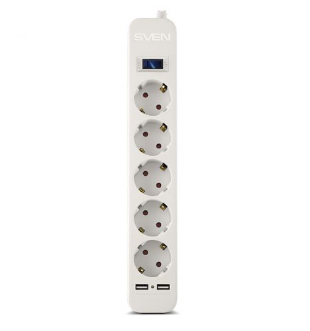 Surge Protector SVEN SF-05LU, 5 Sockets + 2 USB (2,4 A) , 1.8m, White,