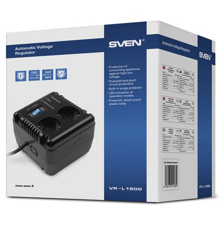 SVEN VR-L1500, 500W, Automatic Voltage Regulator, 2x Schuko outlets+1x ІЕС 320, Input voltage: 184-285V, Output voltage: 230V ± 10%, diod indicators on the front panel, plastic body, Black SVEN VR-L1500, 500W, Automatic Voltage Regulator, 2x Schuko outlets+1x ІЕС 320, Input voltage: 184-285V, Output voltage: 230V ± 10%, diod indicators on the front panel, plastic body, Black