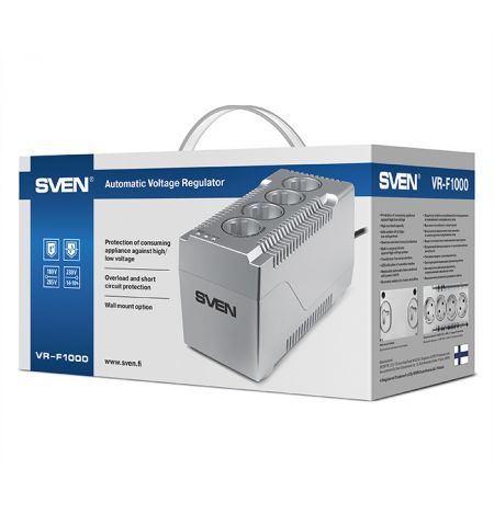 SVEN VR-F1000, 320W, Automatic Voltage Regulator, 4x Schuko outlets, Input voltage: 180-285V, Output voltage: 230V ± 10%, input and output voltage digital indicator on the front panel, Power supply delay function, metal body, Black SVEN VR-F1000, 320W, Automatic Voltage Regulator, 4x Schuko outlets, Input voltage: 180-285V, Output voltage: 230V ± 10%, input and output voltage digital indicator on the front panel, Power supply delay function, metal body, Black