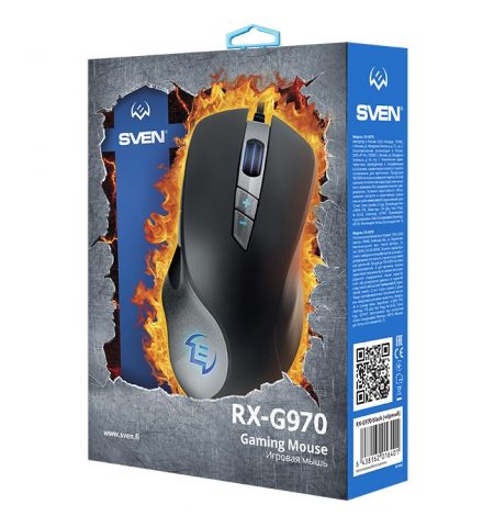 SVEN RX-G970 Gaming, Optical Mouse, 600-4000 dpi, 6+1 buttons (scroll wheel),  DPI switching modes, Two navigation buttons (Forward and Back), RGB backlight, Soft Touch coating, USB, 1.8m, Black SVEN RX-G970 Gaming, Optical Mouse, 600-4000 dpi, 6+1 buttons (scroll wheel),  DPI switching modes, Two navigation buttons (Forward and Back), RGB backlight, Soft Touch coating, USB, 1.8m, Black
