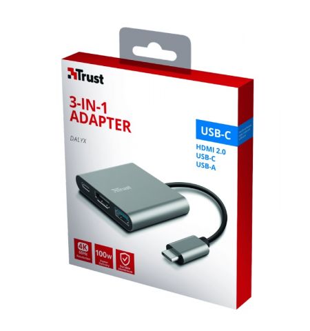 Trust Dalyx 3-in-1 Multiport USB-C Adapter, Stylish aluminium 3-in-1