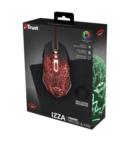 Trust GXT 783 Izza Gaming Mouse & Mouse Pad (245x210), Fully illuminated top, Rubberized top cover for a firm grip,  800 - 2400 dpi, 6 button, USB, Black Trust GXT 783 Izza Gaming Mouse & Mouse Pad (245x210), Fully illuminated top, Rubberized top cover for a firm grip,  800 - 2400 dpi, 6 button, USB, Black
