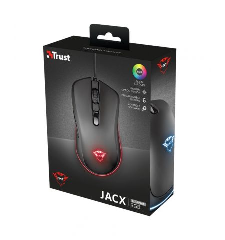 Trust Gaming GXT 930 Jacx RGB Mouse, 200 - 6400 dpi, 6 Programmable, responsive buttons including 2 thumb buttons, Fully adjustable RGB lighting with multiple effects, Braided cable 1,8 m USB, Black Trust Gaming GXT 930 Jacx RGB Mouse, 200 - 6400 dpi, 6 Programmable, responsive buttons including 2 thumb buttons, Fully adjustable RGB lighting with multiple effects, Braided cable 1,8 m USB, Black