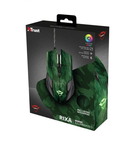 Trust Gaming GXT 781 Rixa Camo Mouse & Mouse Pad, 800 - 3200 dpi, 6 Responsive buttons, LED illumination with breathing effect in 4 colours, 1,8 m USB, Camouflage Trust Gaming GXT 781 Rixa Camo Mouse & Mouse Pad, 800 - 3200 dpi, 6 Responsive buttons, LED illumination with breathing effect in 4 colours, 1,8 m USB, Camouflage