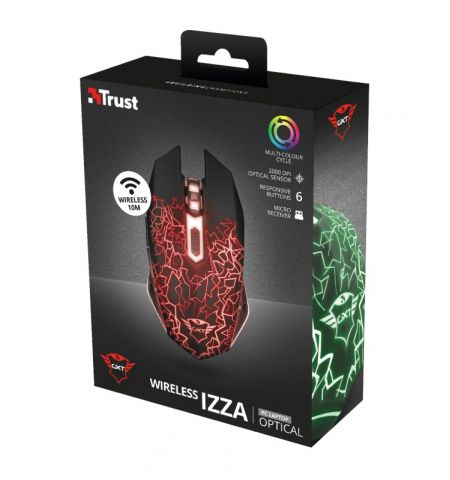 Trust Gaming Mouse GXT 107 Izza Wireless, Micro receiver, 800-2400 dpi, 6 buttons and unique LED light design, Rubberized top cover for a firm grip, Black Trust Gaming Mouse GXT 107 Izza Wireless, Micro receiver, 800-2400 dpi, 6 buttons and unique LED light design, Rubberized top cover for a firm grip, Black