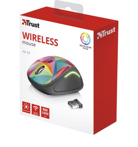 Trust Yvi FX Wireless Mouse - Geometrics, LED illumination in continuously changing colours, 8m 2.4GHz, Micro receiver, 800-1600 dpi, 4 button, Rubber sides for comfort and grip, USB Trust Yvi FX Wireless Mouse - Geometrics, LED illumination in continuously changing colours, 8m 2.4GHz, Micro receiver, 800-1600 dpi, 4 button, Rubber sides for comfort and grip, USB