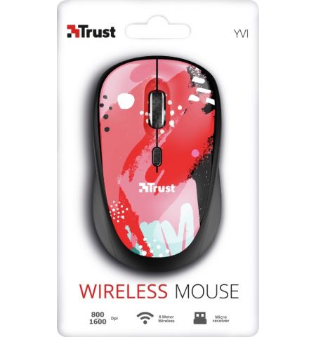 Trust Yvi Wireless Mouse - Red Brush, 8m 2.4GHz, Micro receiver, 800-1600 dpi, 4 button, Rubber sides for comfort and grip, USB Trust Yvi Wireless Mouse - Red Brush, 8m 2.4GHz, Micro receiver, 800-1600 dpi, 4 button, Rubber sides for comfort and grip, USB