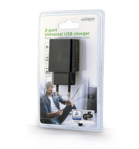 Universal USB Charger - Gembird EG-U2C2A-03-BK, 2-port universal USB charger, 2.1 A, Black