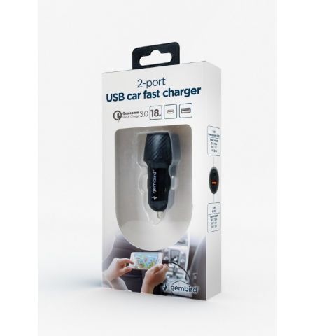USB Car Charger - TA-U2QC3-CAR-02, 2-port USB car fast charger, Type-C PD, 18 W, black USB Car Charger - TA-U2QC3-CAR-02, 2-port USB car fast charger, Type-C PD, 18 W, black