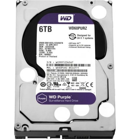 3.5" HDD 6.0TB Western Digital  Purple, 5640rpm, 128MB, SATAIII (for video)  WD62PURZ