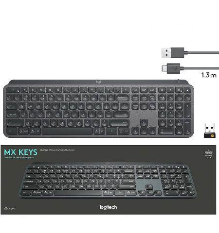 Клавиатура Logitech Wireless MX Keys Advanced Graphite Illuminated Keyboard, Logitech Unifying 2.4GHz wireless technology, Bluetooth, Rechargeable with USB type C, Graphite 920-009417 Клавиатура Logitech Wireless MX Keys Advanced Graphite Illuminated Keyboard, Logitech Unifying 2.4GHz wireless technology, Bluetooth, Rechargeable with USB type C, Graphite 920-009417
