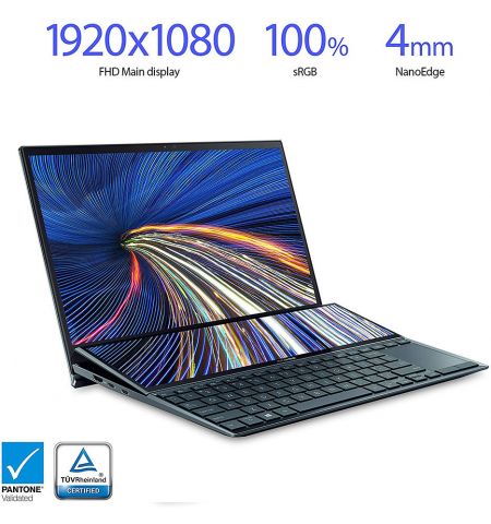 Ноутбук 14" ASUS ZenBook Duo 14 UX482EA Blue, Intel i7-1165G7 2.8-4.7Ghz/16GB/SSD 512GB/Intel Iris Xe/WiFi 6 802.11ax/BT5.0/HDMI/HD WebCam/Illum. Keyb/Screen Pad Plus 12.65"/14" Touchscreen IPS LED Backlit FullHD NanoEdge