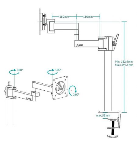 Arctic X1  Monitor Arm for 1 monitor, up to 49", +/-15° tilt; 180° swivel; 360° rotate, VESA: 75x75, 100x100, Table thickness 20-55mm, Max load capacity 15Kg, AEMNT00061A Arctic X1  Monitor Arm for 1 monitor, up to 49", +/-15° tilt; 180° swivel; 360° rotate, VESA: 75x75, 100x100, Table thickness 20-55mm, Max load capacity 15Kg, AEMNT00061A