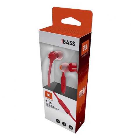 JBL T110 Red In-Ear Headphones, 20Hz–20kHz, Microphone, Remote, Cable, JBLT110RED