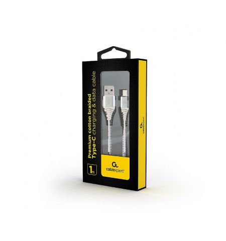 Gembird CC-USB2B-AMCM-1M-BW2, Silver/White - 1m, Cable USB2.0/Type-C Premium cotton braided USB 2.0 A-plug to type-C plug, blister Gembird CC-USB2B-AMCM-1M-BW2, Silver/White - 1m, Cable USB2.0/Type-C Premium cotton braided USB 2.0 A-plug to type-C plug, blister