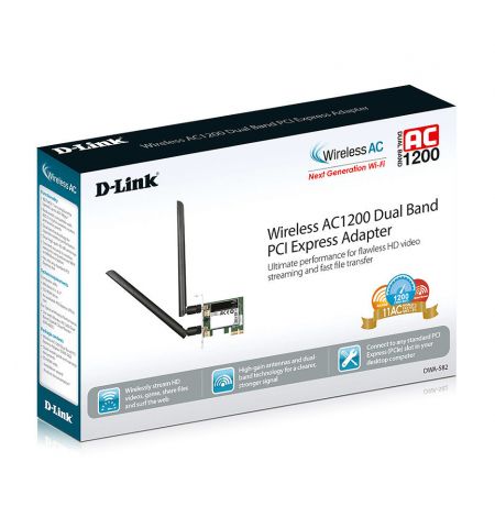 D-Link DWA-582/RU/B1A Wireless AC1200 Dual-band PCI Express Adapter, 802.11a/b/g/n and 802.11ac, switchable Dual band 2.4 GHz or 5 GHz. Up to 867 Mbps data transfer rate in 802.11ac mode D-Link DWA-582/RU/B1A Wireless AC1200 Dual-band PCI Express Adapter, 802.11a/b/g/n and 802.11ac, switchable Dual band 2.4 GHz or 5 GHz. Up to 867 Mbps data transfer rate in 802.11ac mode