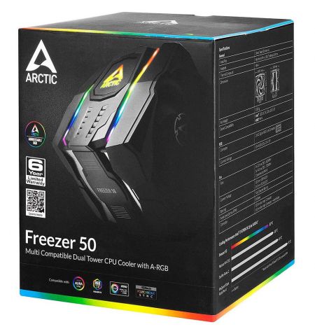 Cooler Dual Tower with A-RGB Arctic Freezer 50, Socket AMD AM4, Intel 1200, 1150, 1151, 1155, 1156, 2066, 2011(-3), 1xFAN 120mm, 1xFAN 140mm, 200-1800rpm PWM, 13 A-RGB LEDs, Fluid Dynamic Bearing Cooler Dual Tower with A-RGB Arctic Freezer 50, Socket AMD AM4, Intel 1200, 1150, 1151, 1155, 1156, 2066, 2011(-3), 1xFAN 120mm, 1xFAN 140mm, 200-1800rpm PWM, 13 A-RGB LEDs, Fluid Dynamic Bearing