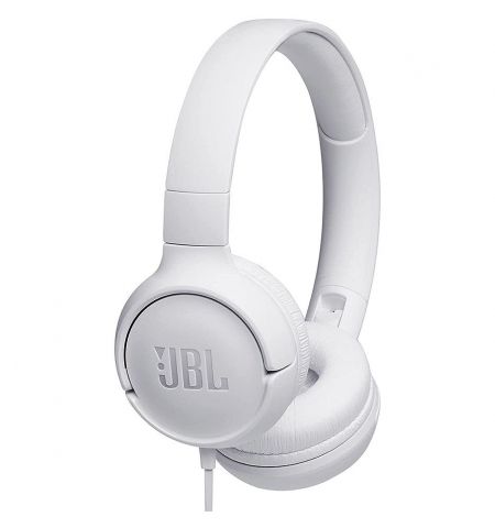 JBL TUNE 500 White On-ear Headset with microphone, Dynamic driver 32 mm, Frequency response 20 Hz-20 kHz, 1-button remote with microphone, JBL Pure Bass sound, Tangle-free flat cable, 3.5 mm jack, White JBLT500WHT