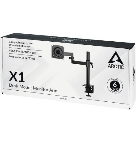 Arctic X1  Monitor Arm for 1 monitor, up to 49", +/-15° tilt; 180° swivel; 360° rotate, VESA: 75x75, 100x100, Table thickness 20-55mm, Max load capacity 15Kg, AEMNT00061A Arctic X1  Monitor Arm for 1 monitor, up to 49", +/-15° tilt; 180° swivel; 360° rotate, VESA: 75x75, 100x100, Table thickness 20-55mm, Max load capacity 15Kg, AEMNT00061A