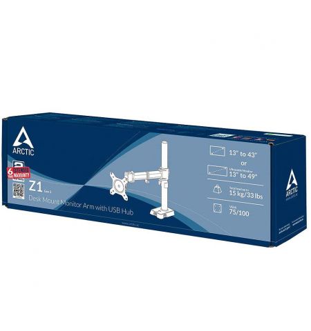 Arctic Z1 Gen 3 Monitor Arm for 1 monitor, up to 38", +/-15° tilt; 180° swivel; 360° rotate, VESA: 75x75, 100x100, 4-port USB hub, Table thickness max 60mm, Max load capacity 15Kg, AEMNT00052A Arctic Z1 Gen 3 Monitor Arm for 1 monitor, up to 38", +/-15° tilt; 180° swivel; 360° rotate, VESA: 75x75, 100x100, 4-port USB hub, Table thickness max 60mm, Max load capacity 15Kg, AEMNT00052A