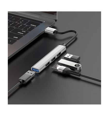Адаптер Hoco HB26 4 in 1 adapter (USB to USB3.0+USB2.0*3), metal gray 765468