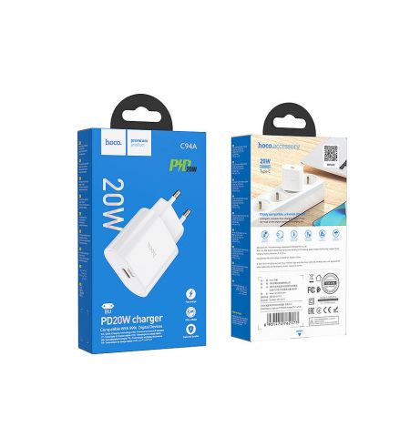 Зарядное устройство Hoco C94A Metro single port PD20W charger(EU) Type-C, white 762177 Зарядное устройство Hoco C94A Metro single port PD20W charger(EU) Type-C, white 762177