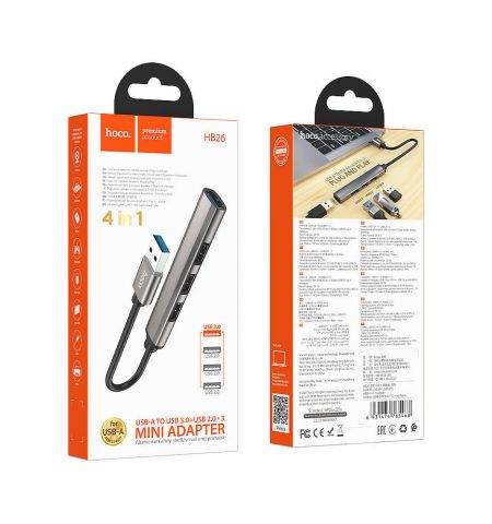 Адаптер Hoco HB26 4 in 1 adapter (USB to USB3.0+USB2.0*3), metal gray 765468