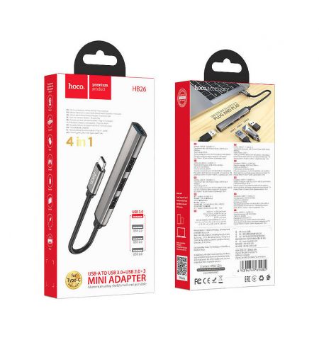 Адаптер Hoco HB26 4 in 1 adapter (Type-C to USB3.0+USB2.0*3), metal gray 765482