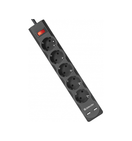 Prelungitor cu protectie Defender DFS755, black, 5.0 m, 5 sockets, 2 x USB