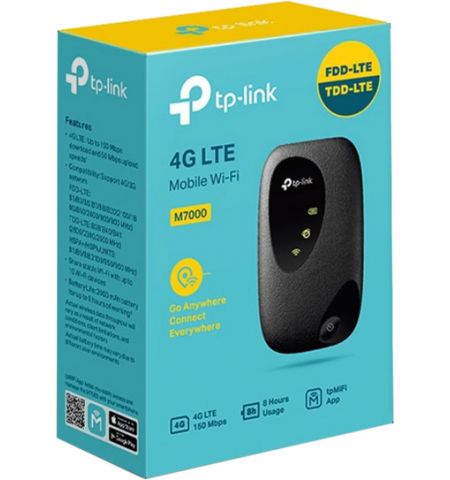 TP-LINK M7000 150Mbps 4G LTE Mobile Wi-Fi, Build-In 150Mbps 4G LTE Modem, SPEED: 300 Mbps at 2.4 GHz, 4G Cat4 150/50 Mbps, SPEC: LTE-FDD/LTE-TDD/HSPA