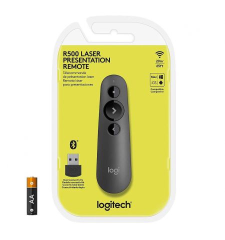 Беспроводной презентер Logitech R500 Black Laser Presentation Remote 2.4 GHz wireless, Up to 20-meter range, Battery indicator, Red laser pointer, Bluetooth & 2.4GHz wireless connection, 910-006520