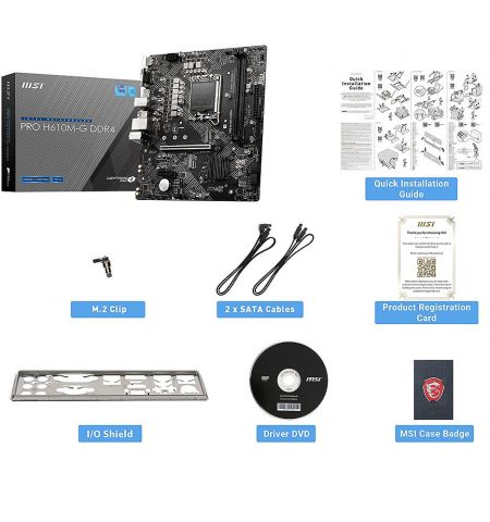 Материнская плата MSI PRO H610M-G DDR4 Intel H610, LGA1700, Dual DDR4 3200MHz, PCI-E 4.0 x16, DisplayPort/D-Sub/HDMI, USB3.2, SATA 6 Gbps, M.2 slot, PCIe 3.0 x4 mode, SB 8-Ch., GigabitLAN Материнская плата MSI PRO H610M-G DDR4 Intel H610, LGA1700, Dual DDR4 3200MHz, PCI-E 4.0 x16, DisplayPort/D-Sub/HDMI, USB3.2, SATA 6 Gbps, M.2 slot, PCIe 3.0 x4 mode, SB 8-Ch., GigabitLAN