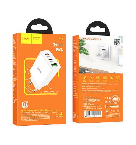 Зарядное устройство Hoco C99A PD20W+QC3.0 three-port (2C1A) charger (EU) , Output 2xType-C & 1xUSB, white 767554 Зарядное устройство Hoco C99A PD20W+QC3.0 three-port (2C1A) charger (EU) , Output 2xType-C & 1xUSB, white 767554