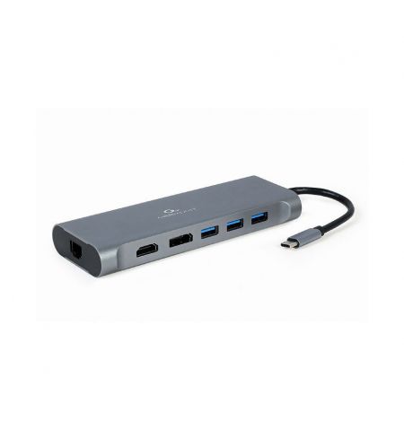 Gembird  A-CM-COMBO8-01, USB Type-C 8-in-1 multi-port adapter (Hub3.0 + HDMI + DisplayPort + VGA + PD + card reader + LAN + stereo audio), USB Type-C PD charge support, space grey