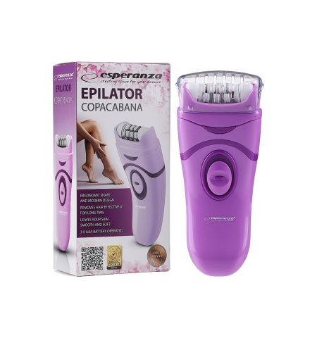 Epilator Esperanza COPACABANA EBD002V Violet, Detachable head - can be washed under running water 2 speed levels depilation, Power supply: batteries 3 Epilator Esperanza COPACABANA EBD002V Violet, Detachable head - can be washed under running water 2 speed levels depilation, Power supply: batteries 3