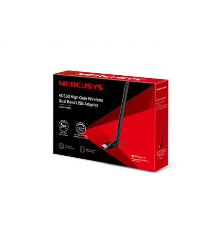 MERCUSYS MU6H AC650 High Gain Wireless Dual Band USB Adapter,SPEED: 200 Mbps at 2.4 GHz + 433 Mbps at 5 GHz,SPEC: 1× High Gain External Antenna, USB 2