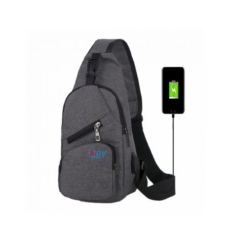 Rucsac Sling Iggy, polyester,1 bretea, 1 compartiment principal, 2 compartimente frontale, 32x16x6.9cm, mufa USB incarcare+cablu, gri,"IGSL-SLING-GY"