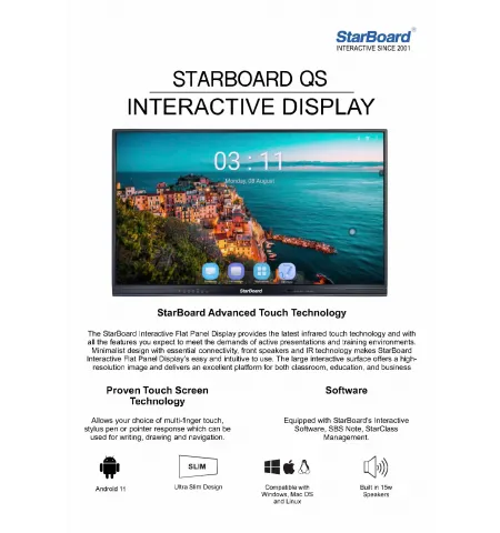 Interactive Display StarBoard IFPD-QS1-75AOC: 75", 4K, Touch, Android 11