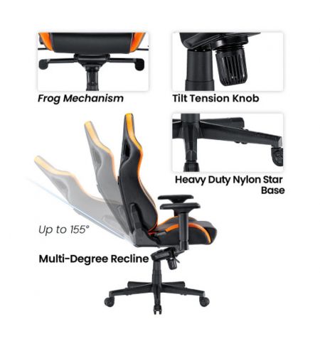Игровое кресло Lumi Premium Gaming Chair CH06-34 with Headrest & Lumbar Support CH06-34, Black/Orange, PVC Leather, 4D Armrest, Steel Frame, 350mm Nylon Plastic Base, PU Caster, 80mm Class 4 Gas Lift, Weight Capacity 180 Kg