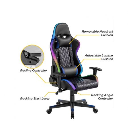 Игровое кресло Lumi Gaming Chair CH06-30 with Headrest & Lumbar Support & RGB Lights, Black, PVC Leather, 2D Armrest, Steel Frame, 350mm Nylon Plastic Base, Nylon Caster, 80mm Class 4 Gas Lift, Weight Capacity 150 Kg Игровое кресло Lumi Gaming Chair CH06-30 with Headrest & Lumbar Support & RGB Lights, Black, PVC Leather, 2D Armrest, Steel Frame, 350mm Nylon Plastic Base, Nylon Caster, 80mm Class 4 Gas Lift, Weight Capacity 150 Kg